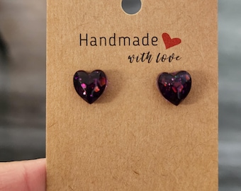 Pendientes de resina con forma de corazón morado, pendientes de piedras preciosas hechos a mano