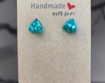 Handmade Turquoise Resin Gem Earrings: Glitter Triangle Earrings
