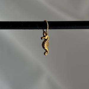 Pode incluir: Um pequeno pingente de cavalo-marinho dourado pende de um fino aro dourado. O cavalo-marinho tem detalhes e está suspenso contra um fundo desfocado e neutro. O pingente é provavelmente para um colar ou pulseira.