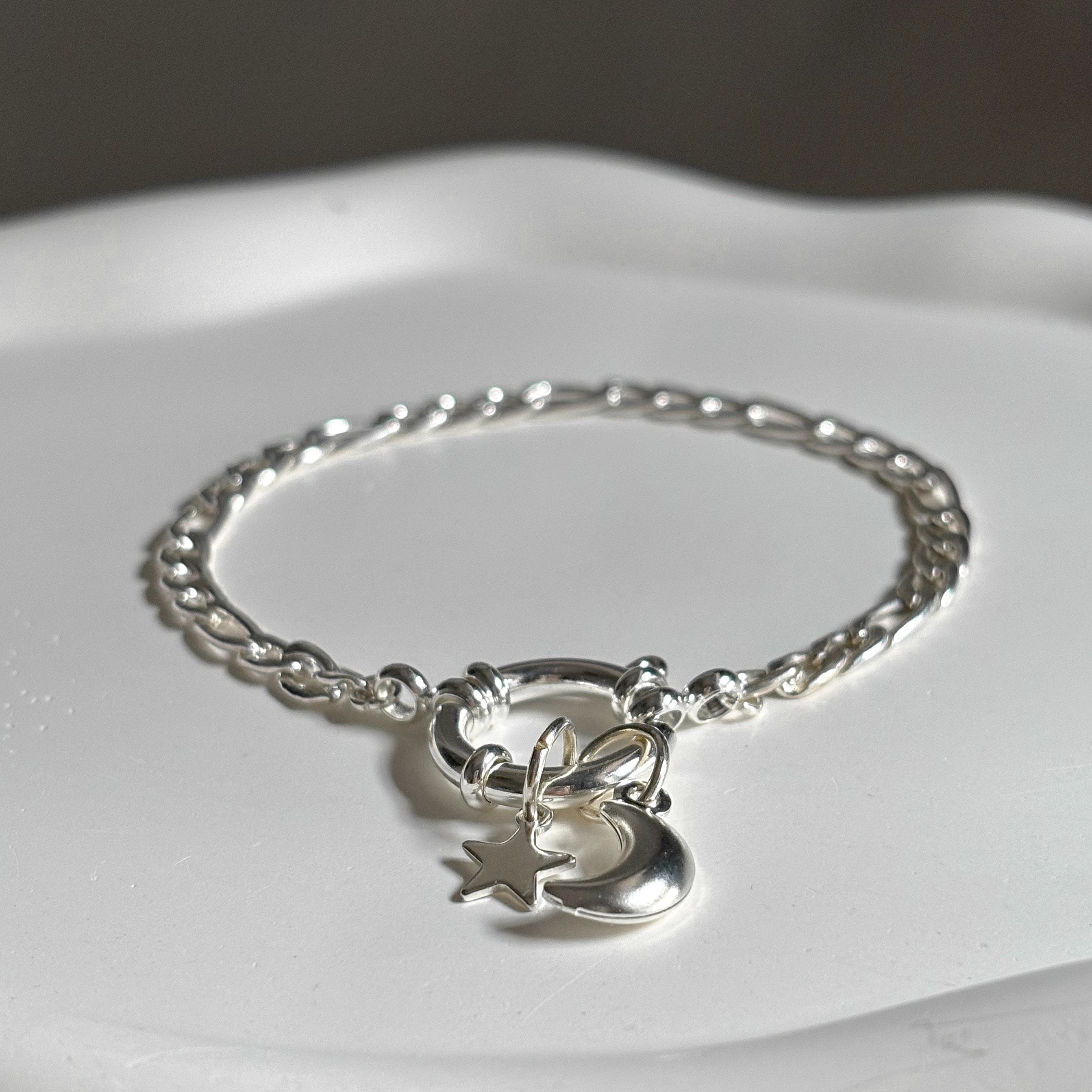 Design Your Own Bracelet, Silver Figaro Bracelet, Silver Plated Stainless Steel Bracelet, Gemstone Charm Jewellery - Charms Sold Seperately