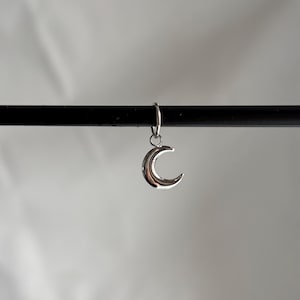 Può includere: Un ciondolo a forma di mezzaluna d'argento appeso a un'asta nera.
