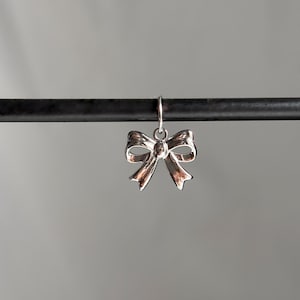 Può includere: Un ciondolo argentato a forma di fiocco appeso a un'asta nera. Il ciondolo presenta un design dettagliato con pieghe visibili e un piccolo anello per appenderlo. Lo sfondo è grigio.