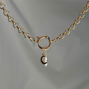 Könnte beinhalten: Eine goldene Kettenkette mit einem Toggle-Verschluss und einem Anhänger mit einem Halbmond und einer Perle.