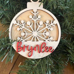 Personalized Snowflake Ornament, Custom Name Ornament, Christmas Wood Tag, 3D Laser Cut Ornament