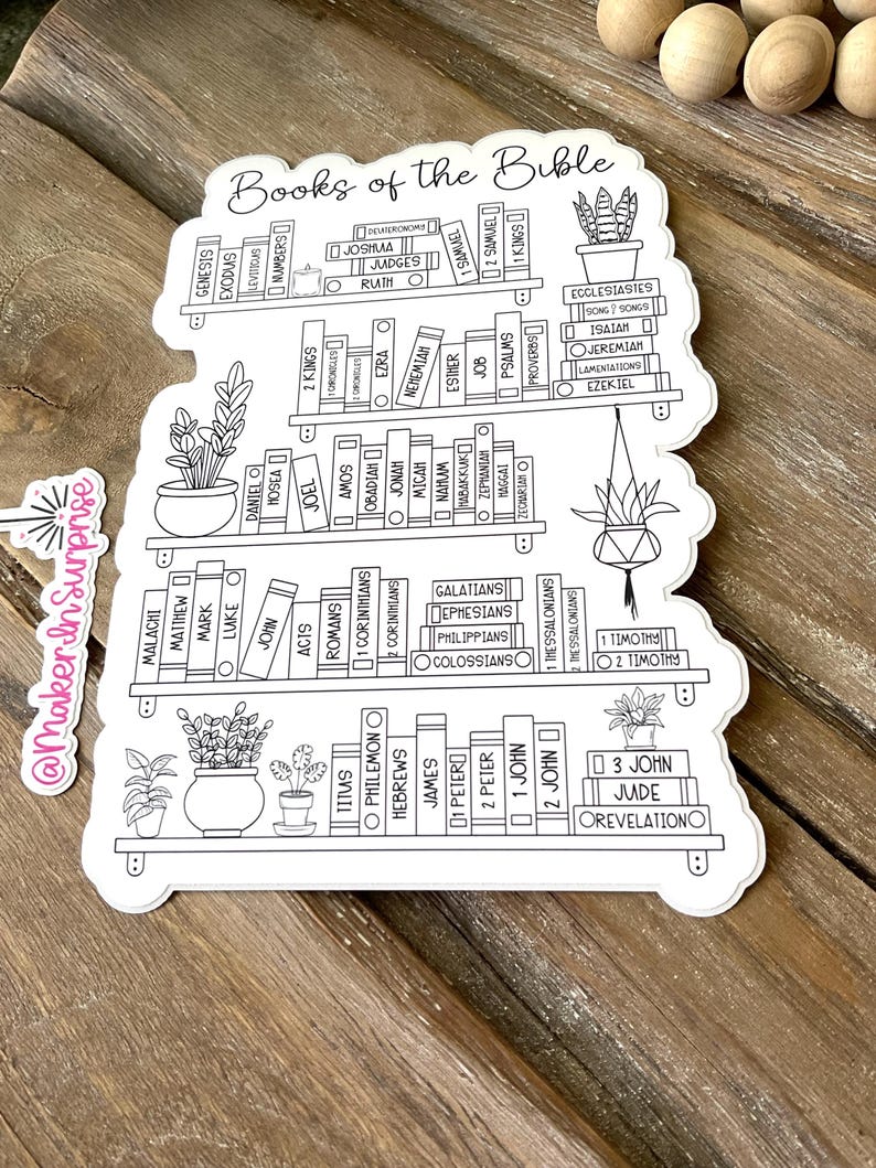 May include: A white sticker featuring a bookshelf design with the words "Books of the Bible" at the top. The shelves are filled with book titles, and there are potted plants on the shelves. The sticker has a decorative outline.