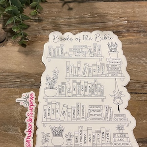 May include: A white sticker featuring a bookshelf design with the words "Books of the Bible" at the top. The sticker lists the books of the Bible on the shelves, with potted plants on the shelves. The sticker also has the text "@MakerInSurprise".