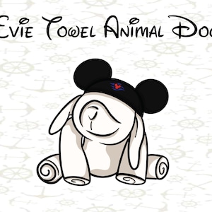 May include: A cartoon illustration of a white towel animal dog wearing a black hat with Mickey Mouse ears. The hat has a small red, white, and blue emblem. The background is white with a pattern of anchors and ship wheels. Text at the top reads "Evie Towel Animal Dog".