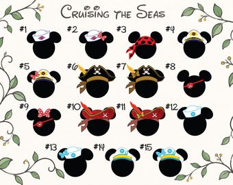 May include: A graphic print titled Cruising The Seas featuring fifteen black mouse-ear silhouettes. Each silhouette wears a different nautical or pirate-themed accessory, including sailor hats, pirate hats, eye patches, and patterned bows in various colours.