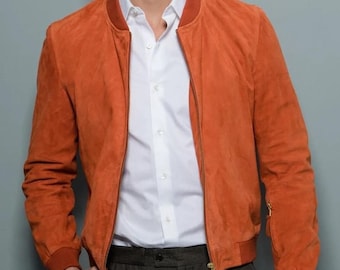 Orange Suede Bomber Jacket, Vintage Style Unisex Leather Outerwear