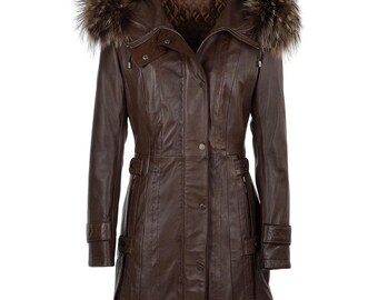 Brown Leather Hooded Trench Coat, Fur Trim Winter Jacket