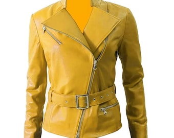 Leren bikerjack met riem - motojas van echt lamsleer voor dames