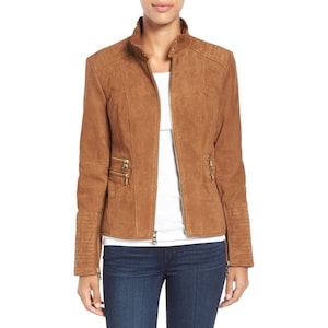 Women&#39;s Brown Suede Jacket – Zip Front, Soft Leather Look, Casual & Stylish Outerwear, Fall Winter Fashion Coat, Vintage-Inspired Gift
