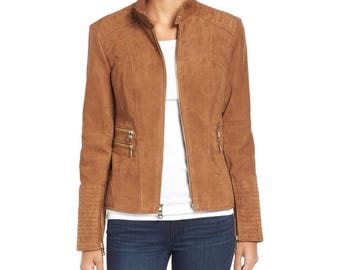 Women's Brown Suede Zip-Front Jacket – Vintage Style Leather Outerwear