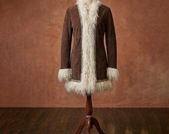 Handmade Brown Suede Afghan Coat, Women’s Boho Fur Jacket, Suede Trench Coat with Shaggy Fur Trim, Hippie Penny Lane Style Winter Coat