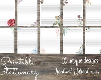 Set of 10 Unique Stationary Designs; Digital Download; Printable, Lined and Unlined; Note; Paper