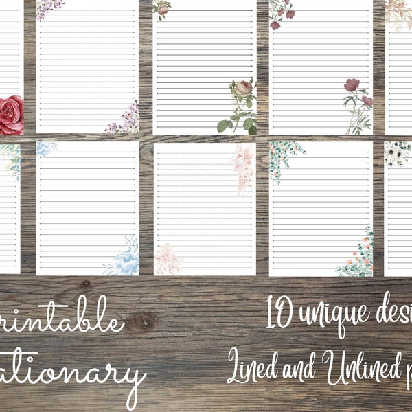 Set of 10 Unique Stationary Designs; Digital Download; Printable, Lined and Unlined; Note; Paper