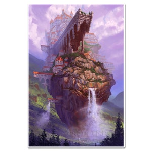 Może przedstawiać: Ilustracja fantasy przedstawiająca duży, biały zamek zbudowany na klifie z wodospadem spływającym po jego boku. Zamek otoczony jest bujną zielenią, a w oddali pojawia się tęcza.