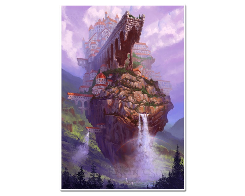 Może przedstawiać: Ilustracja fantasy przedstawiająca duży, biały zamek zbudowany na klifie z wodospadem spływającym po jego boku. Zamek otoczony jest bujną zielenią, a w oddali pojawia się tęcza.