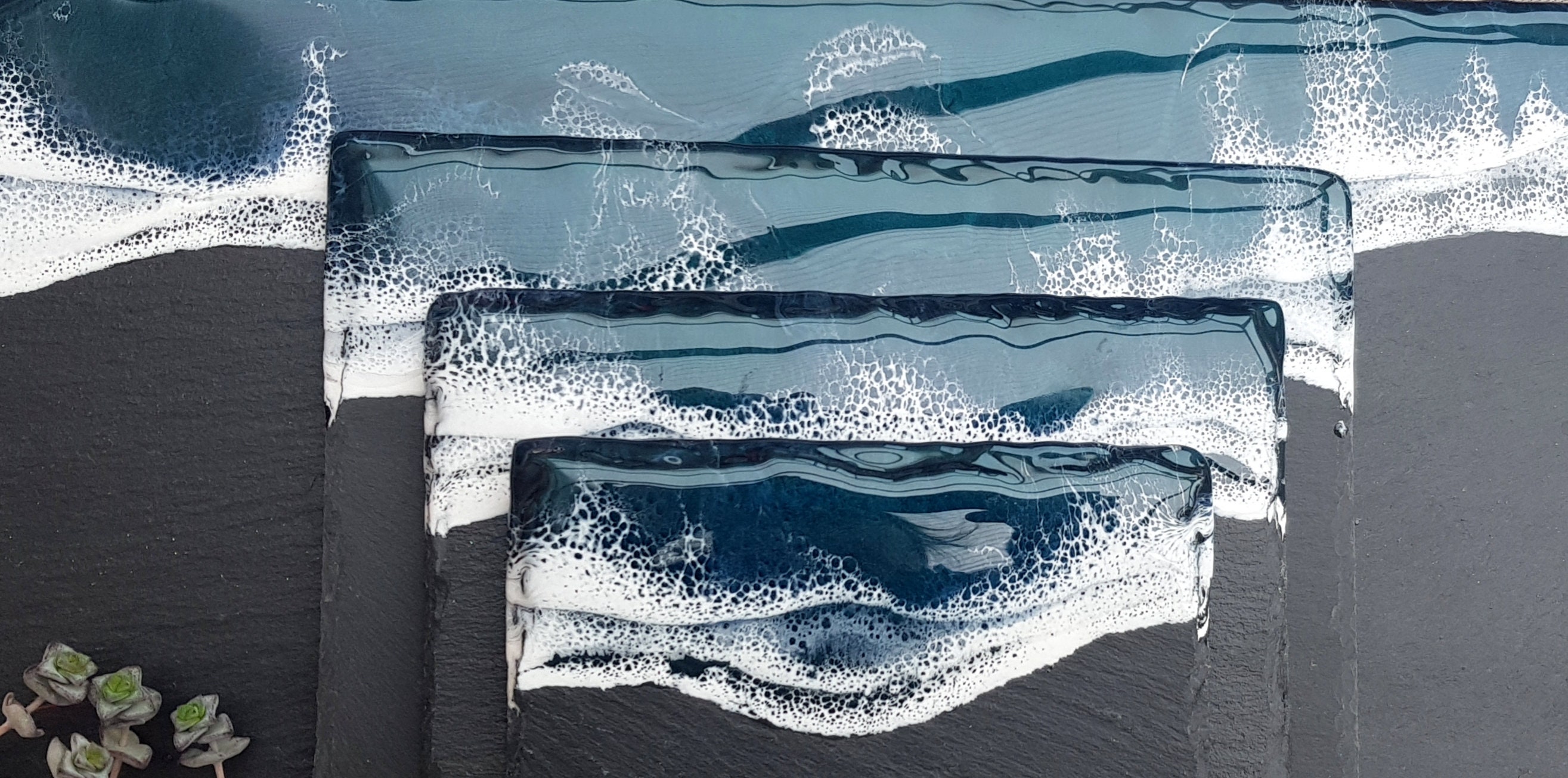 Ensemble de Plats Service, Assiettes Présentation en Ardoise et Résine Époxy Effet Océan, Océanart