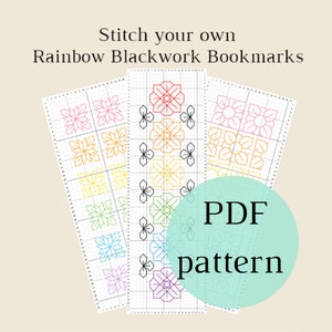 フローラル レインボー ブラックワーク ブックマーク PDF パターンと説明 // ブラックワーク入門、PDF パターン、読書好きへのギフト、レインボー プライド ブックマーク