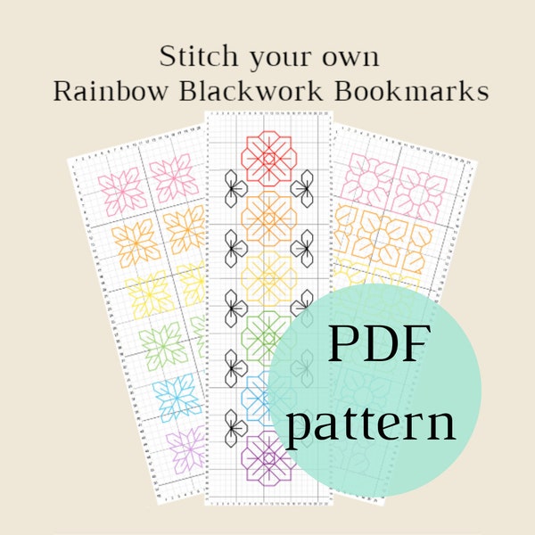 Floral Rainbow Blackwork Bookmarks PDF pattern and instructions // intro to blackwork, pdf pattern, book lovers gift, rainbow pride bookmark
