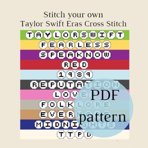 Puede incluir: Un patrón de punto de cruz con el texto "Taylor Swift Eras Cross Stitch". El diseño presenta los nombres de los álbumes de Taylor Swift en una fuente pixelada, sobre un fondo colorido. También se ven las palabras "PDF pattern".