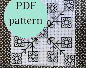 Floral Blackwork starter sampler PDF pattern and instructions // Blackwork embroidery | introduction to blackwork | pdf pattern |floral art