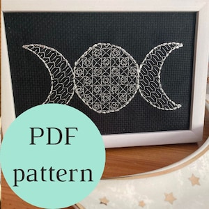 Moon Phases Blackwork PDF pattern and instructions // Blackwork embroidery | introduction to blackwork | pdf pattern | moon | goddess pagan