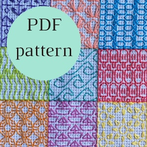 Może przedstawiać: Zbliżenie wzoru haftu krzyżykowego z różnymi kolorowymi haftowanymi wzorami. Obraz zawiera zielone koło z tekstem "PDF pattern". Wyhaftowane wzory obejmują motywy geometryczne i kwiatowe w odcieniach fioletu, pomarańczu, niebieskiego, zielonego, czerwonego i żółtego.