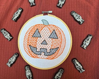 Blackwork Jack O Lantern Pumpkin PDF pattern and instructions // Blackwork embroidery | introduction to blackwork | Halloween | autumn fall
