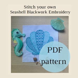 May include: A PDF pattern for a seashell blackwork embroidery project. The pattern features a blue and green seashell with a detailed design. The image also includes a small seahorse toy and a seashell.