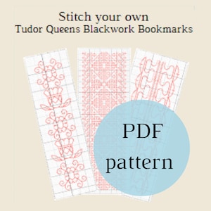 May include: Three blackwork bookmark patterns in red on a white grid. The patterns are a floral design, a geometric design, and a border design. The text "PDF pattern" is on a blue circle.
