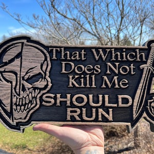 May include: A wooden sign featuring a skull, sword, and shield design. The sign reads "That Which Does Not Kill Me Should Run".