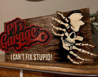 Skull Garage Sign with Blank Name Area - Digital File - “I Can’t Fix Stupid” SVG, laser cut files, Cnc wood, Dxf, INSTANT DOWNLOAD