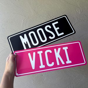 May include: Two metal signs, one black and one pink, with white lettering. The top sign reads "MOOSE" and the bottom sign reads "VICKI".