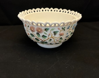 1890s Challinor Taylor Tree of Life Hand Painted milk glass bowl, lace edges, raised flowers around bowl and in bottom.