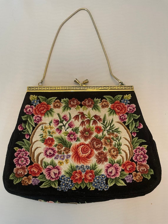Vintage Tapestry Petit Point Black Floral handbag - image 3