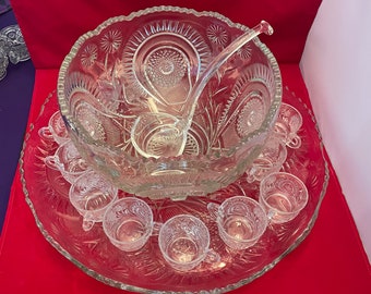 Smith Glass Pinwheel & Stars Slewed Horseshoe Punch Bowl, Tray, 12 cups and ladle