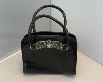 Brighton women’s vintage embossed calf skin black croc 2” wide sz small 32.5” Brighton Croc Embossed Leather Woven Mini Box Bag Black Chic  main image 2