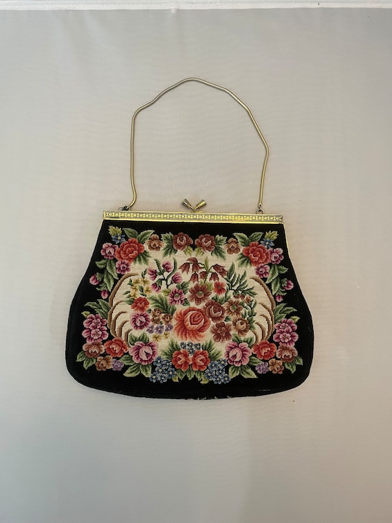 Vintage Tapestry Petit Point Black Floral handbag - image 1