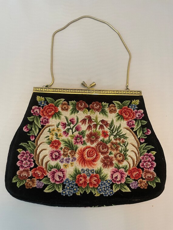 Vintage Tapestry Petit Point Black Floral handbag - image 2