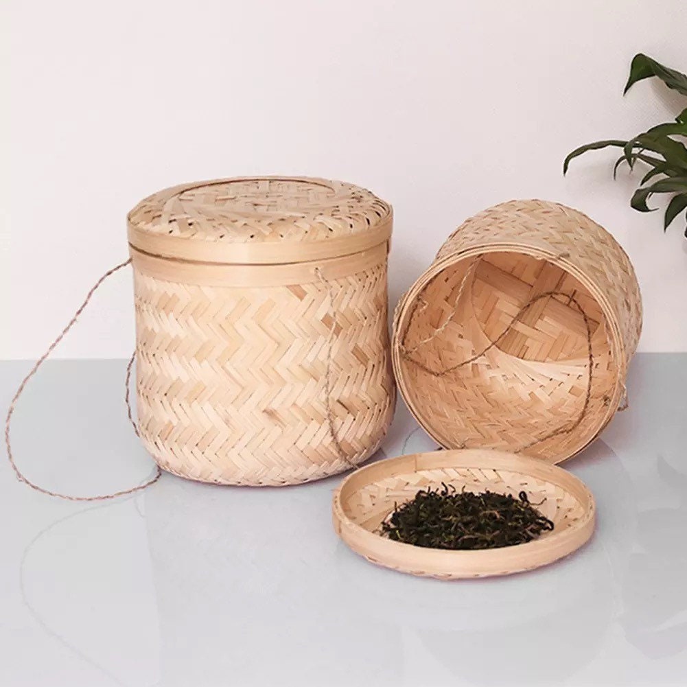 Panier de Rangement Rond en Bambou avec Couvercle
