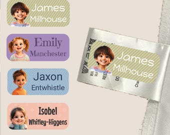 Personalised Cartoon Photo Upload Name Labels for Clothes, School & Nursery Items, Waterproof Kids Name Stickers