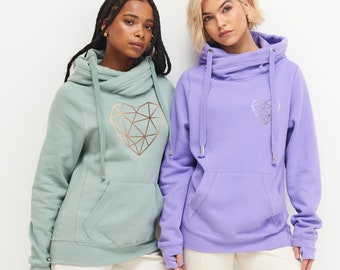 Printed Ladies Cowl Neck Hoodie - Geometric Heart Design, various colours & Size