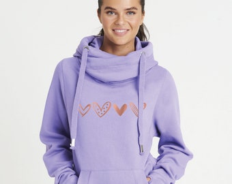 Printed Ladies Cowl Neck Hoodie - Row Of Hearts Design, Various colours & sizes