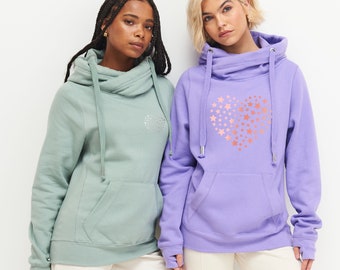 Printed Ladies Cowl Neck Hoodie - Star Heart Design, Various Colours & Sizes