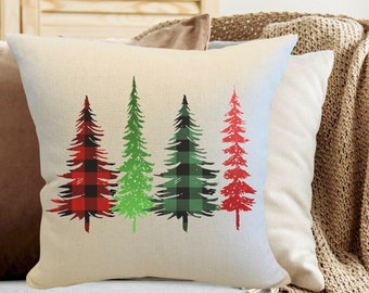 Red and Green Plaid Christmas Trees Pillow Cover/Holiday Decor/Modern Christmas Pillow/Buffalo Check Christmas Trees Pillow