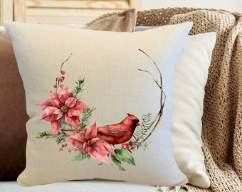 Red Cardinal Christmas Pillow/Pointsettia Pillow/Cardinal Memorial Pillow/Bird Lover Pillow/Personalized Cardinal Pillow Gift