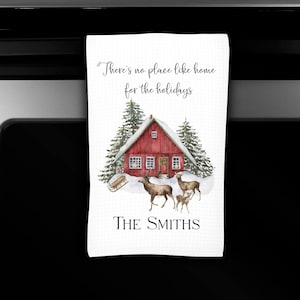 Personalized Cabin in the woods Christmas Towel/Family Name Towel/Winter theme towel/Holiday Decor/Christmas Gift/Hostess Gift/Tea Towel