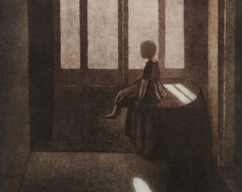 Hand coloured limited edition etching, full moon